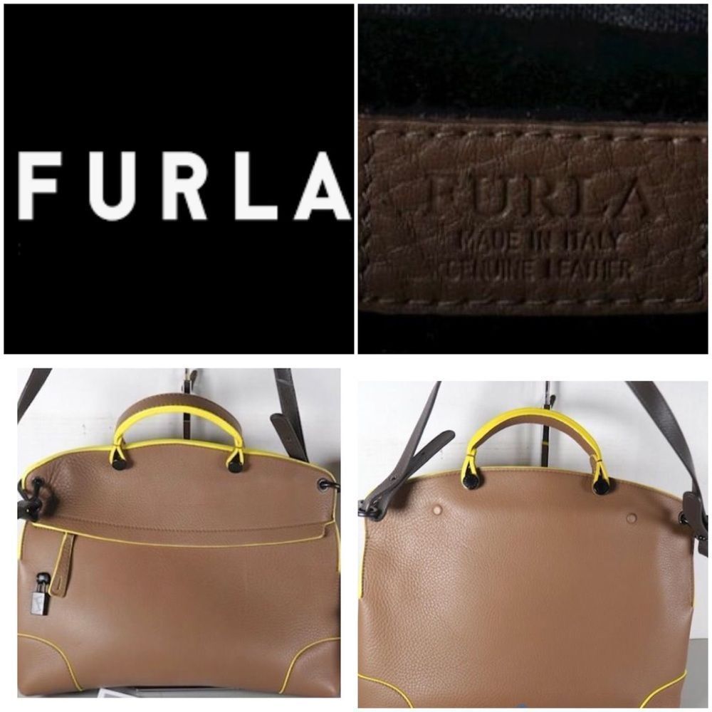 Furla Piper Tan leather with neon yellow trim crossbody Dome tote